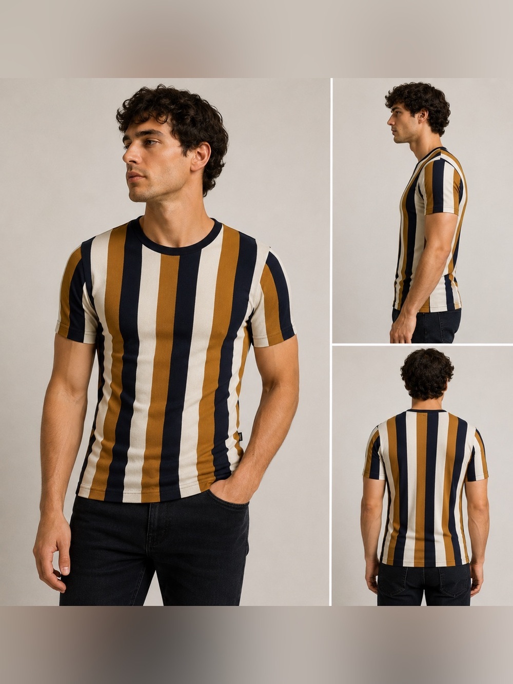Guess Men’s Fitted Striped Stretch Knit T-Shirt XL Navy, Cream & Mustard